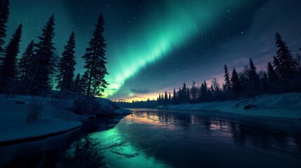 Vibrant aurora borealis over serene snow-covered river with evergreen forest and starry sky. Natural phenomenon and winter wonderland concept