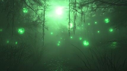 Naklejka premium Enigmatic Swamp Scene with Glowing Illuminated Clusters at Dusk