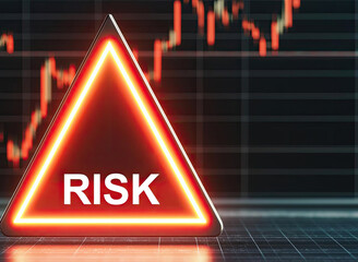 A glowing triangular warning sign with the word 'RISK' illuminated in front of a fluctuating stock market graph, emphasizing caution in investments.