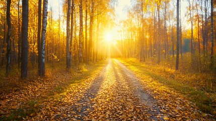 Obraz premium Autumn Forest Path at Sunrise with Golden Sunlight