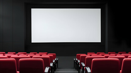 Empty Red Seats in a Dark Movie Theater with a Blank White Screen
