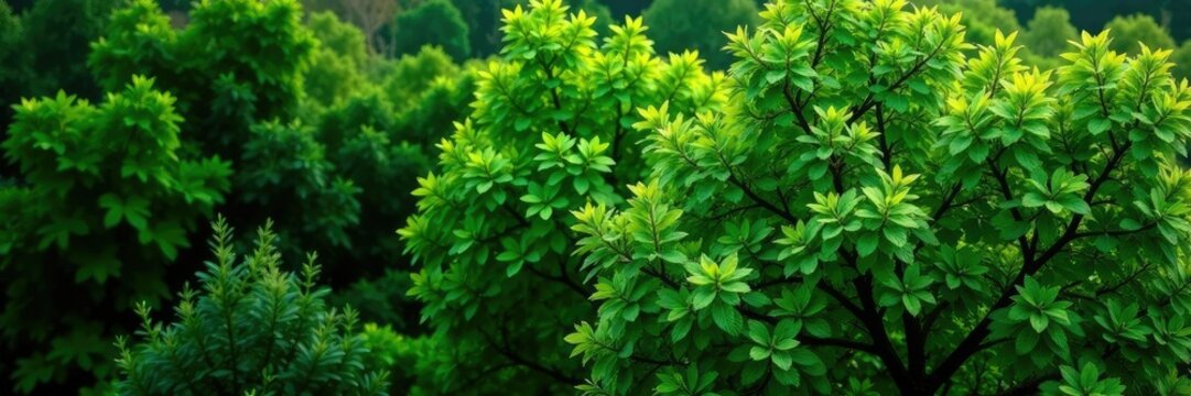 Dense foliage of Diospyros decandra trees against green background, greenery, tree