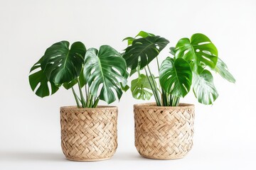 A duo of monstera plants in matching eco-friendly woven baskets, arranged symmetrically for aesthetic appeal.