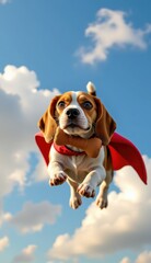  delightful and whimsical scene captures a Beagle in mid-flight, soaring through a bright sky filled with fluffy, sunlit clouds. The dog wears a vibrant red cape
