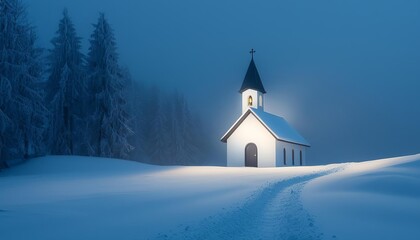 A serene winter scene featuring a small illuminated church in a snowy landscape.