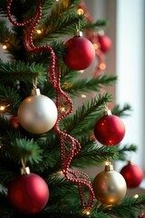 Garlands of red and white ribbons adorn a Christmas tree, ornaments, ribbons