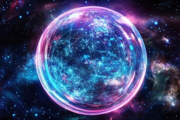 futuristic globe visualization, interconnected data streams, holographic interface, deep space background, technological innovation