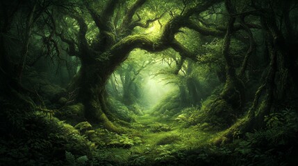 Enchanted Forest Path: Lush Green Trees and Mossy Landscape
