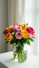 Gentle arrangement of fresh flowers in a clear glass container, flowers on a table, bouquet, flowers