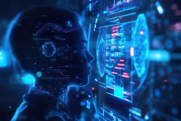 futuristic medical interface with holographic displays, doctor interacting with 3d patient data, glowing blue technology elements