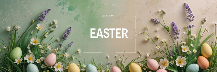Beautiful Easter Banner with Easter Eggs and Flowers on Pastel Background with Festive Text Decor