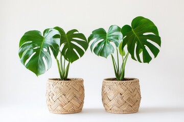 A duo of monstera plants in matching eco-friendly woven baskets, arranged symmetrically for aesthetic appeal.