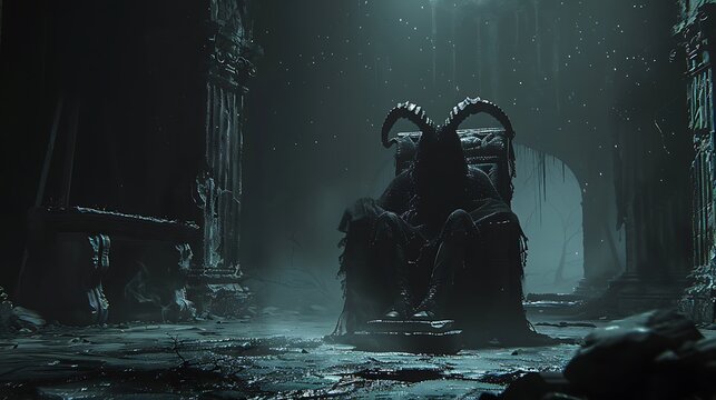 A powerful demon king sits on an ancient stone throne in a vast, empty chamber, his face hidden in shadows. The air is cold and heavy with silence, broken only by the distant sound of dripping 