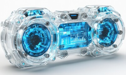 Futuristic transparent engine with glowing blue lights and data display on white background