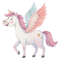 A cheerful, winged unicorn with pink and blue accents prances joyfully, showcasing a magical and whimsical design.
