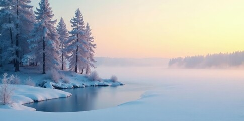 Gentle morning mist on frozen lake Baikal shore trees, serene, frosty atmosphere, morning mist