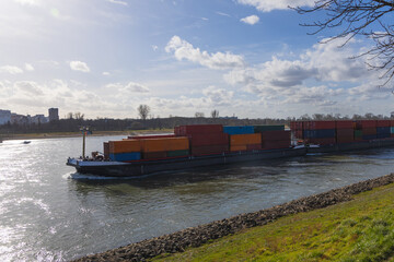 Container ship in harbor of Dusseldorf Germany 
