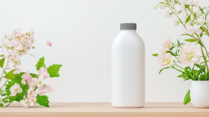 White bottle mockup with delicate pink flowers. Minimalist product display on a light wooden surface.