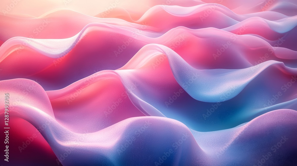 Poster abstract landscape of smooth pink and blue fabric waves under soft gradient lighting. artistic and d