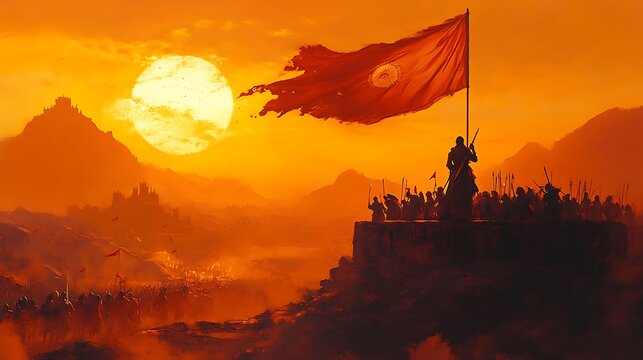 A dramatic illustration of Chhatrapati Shivaji Maharaj standing atop a Maratha fort, sword raised high in victory as the saffron flag waves behind him. His warriors cheer below,