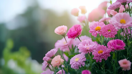 Pink Cosmos Flowers in Sunlight Garden