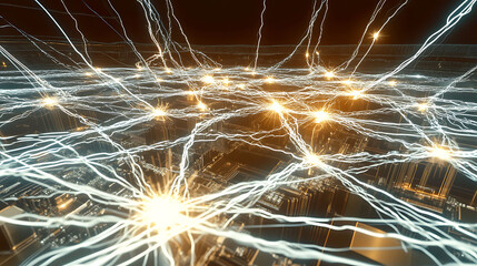Stunning abstract artwork depicting a complex network of glowing energy streams and nodes, ideal for technology, AI, and neuroscience concepts.