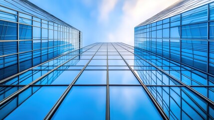 Obraz premium Stunning View of Skyscrapers Reaching Towards Bright Blue Sky