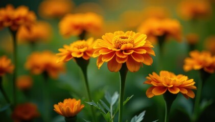 Fototapeta premium Marigold growing among black calendula officinalis, flowers, garden flowers, black flowers
