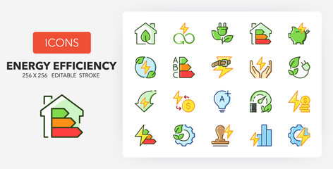 Fototapeta premium Line icons about energy efficiency and saving. Contains such icons as eco home, Aplus class, energetic trasition and more. 256x256 Pixel Perfect editable in colors