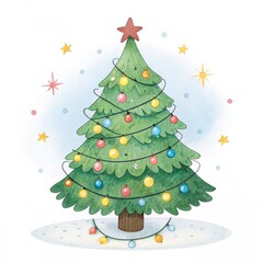 Fototapeta premium A festive, decorated Christmas tree with colorful ornaments and lights, topped with a star, surrounded by twinkling stars.
