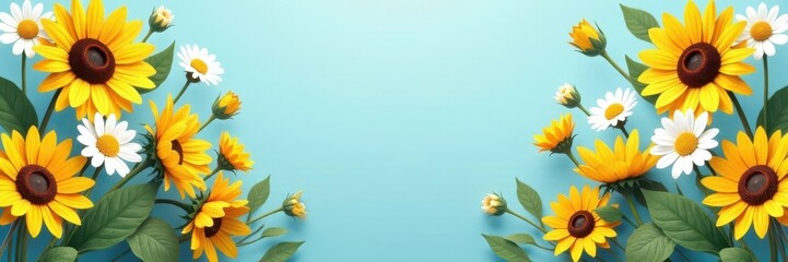 Obraz premium Floral pattern with sunflowers and daisies on a pastel blue background, interior design, blooming flowers