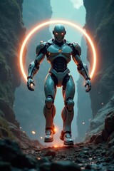 Fototapeta premium Mechanized limbs flexed in mid-air amidst a halo of light, flexed, halo, futuristic