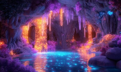 Obraz premium Digital painting of a mystical cave with glowing stalactites and a shimmering pool, Generative AI