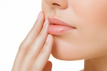 Obraz premium A beautiful girl's face, enhanced with natural makeup, as she caresses her facial skin