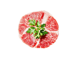Isolated Gourmet Top-Down View of Raw Steak with Parsley Garnishment