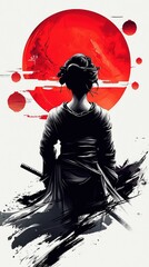 Silhouette of a Female Samurai Warrior Against a Red Rising Sun Japanese Art, Ink Wash Painting