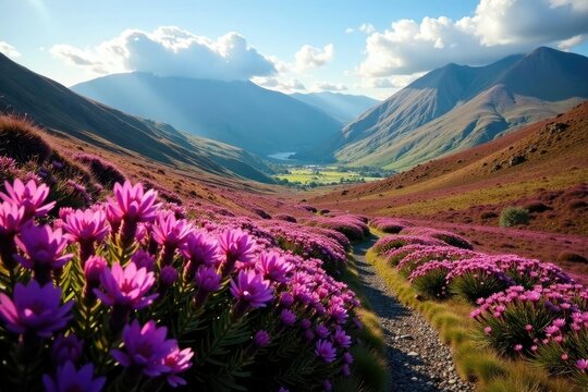 Rolling hills of purple heather in the Scottish Highlands landscape, flowers, valley, mountains