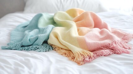 A soft, pastel-colored blanket drapes over a white bedspread, adding warmth and style to the cozy bedroom setting.