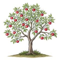 A vibrant apple tree laden with red fruit, showcasing lush green leaves and a sturdy trunk, set against a simple white background.