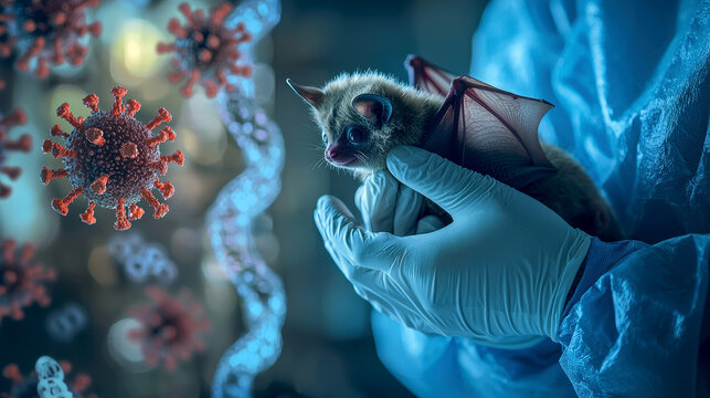 a scientist in a laboratory holding a small bat with virus particles .HKU5-CoV-2 and Coronavirus concept.