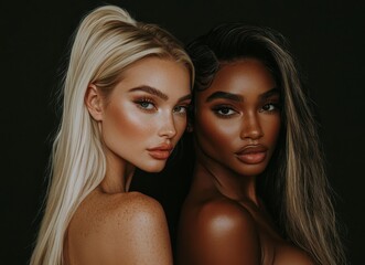 Healthy skin and beautiful facial features are exemplified by two women of African and Caucasian descent, celebrating their unique ethnic beauty