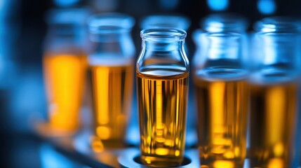 Amber Liquid in Glass Vials Scientific Research Lab Experiment Pharmaceutical Development