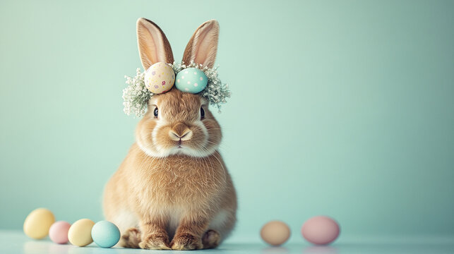 curious brown bunny with festive Easter egg crown