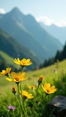 Fototapeta premium Soft petals of yellow wildflowers swaying gently in the mountain breeze, nature, flowers, blooming