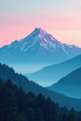 Soft pink and teal mist rising from a mountain range at dusk, trees, mountain, landscape