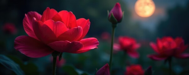 Fototapeta premium Velvety red petals unfolding in a moonlit garden, glowing, red, floral