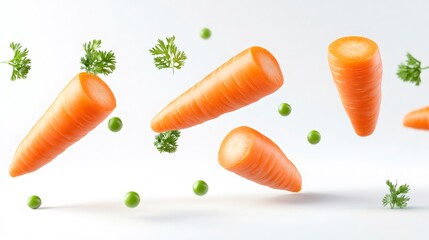 Fresh carrots and peas floating on white background