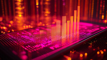 Abstract glowing bar graph rising on a digital screen, depicting growth and technological progress.  Perfect for illustrating concepts of finance, technology, data visualization, and innovation.