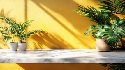 Obraz premium Sunlit marble shelf with tropical plants against yellow wall.