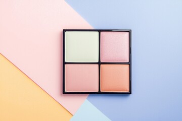 A top view of a colored background features an assortment of makeup products and professional makeup tools, comprising a set of various products for makeup
